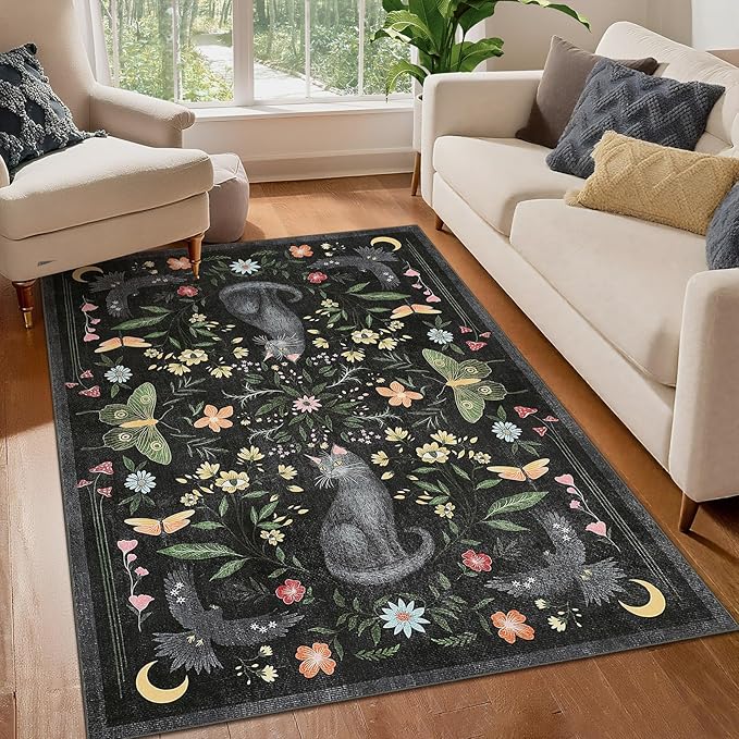 GarveeHome 4x6 Cat Washable Area Rug for Nursery Room, Mushroom Floral Black Bedroom Rug Non Slip Low Pile Butterfly Carpet Stain Resistant Throw Rug for Dorm Kids Room Office Dining Room