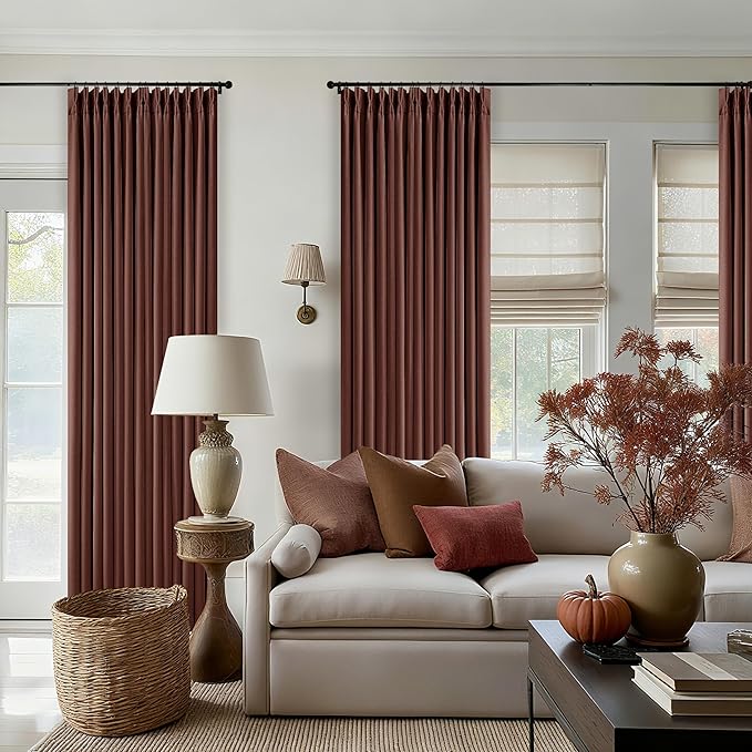 Maroon Blackout Pinch Pleated Linen Curtains 105 Inches Long for Living Room 2 Panels Thermal Insulted Dual Layer Drapes Ceiling Floor 105 Inch Window Curtains Bedroom Chestnut Reddish Brown