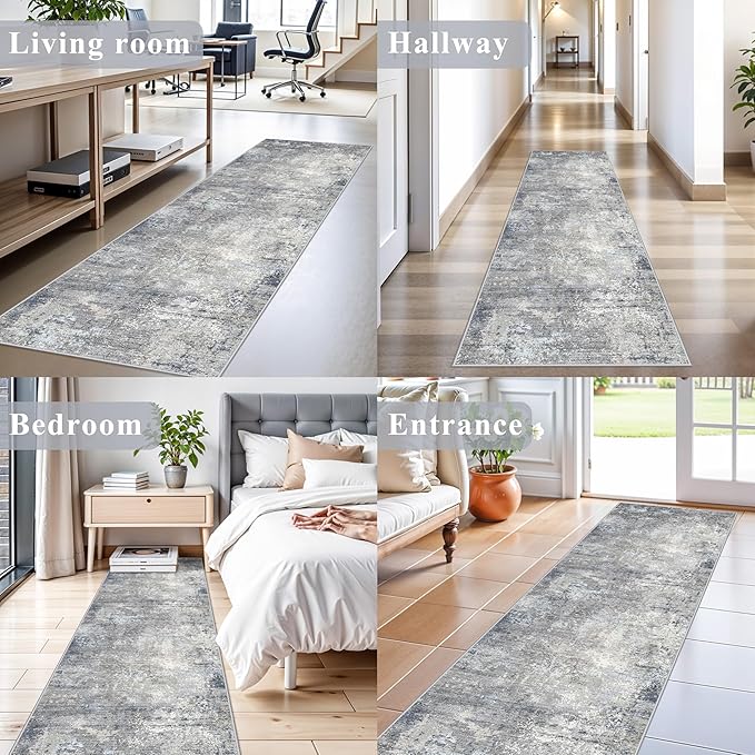 2x7 ft Hallway Runner Rug – Washable Non-Skid Soft Carpet for Kitchen Bathroom Hall Bedroom – Modern Abstract Neutral Low-Pile Thin Indoor Area Rug with Rubber Backing (Blue Grey,2x7)