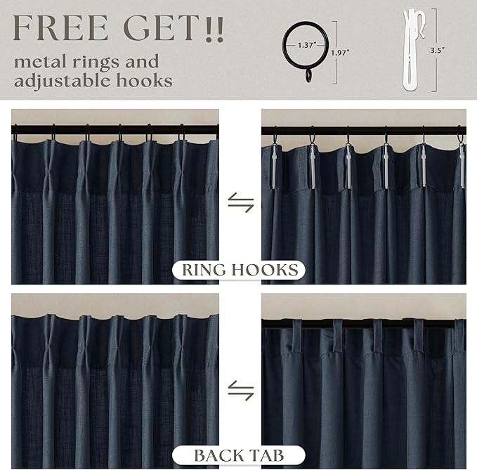 Navy Blue Pleated Linen Curtains 96 Inches Long for Living Room 2 Panel Set Semi Sheer Light Filtering Pinch Pleat with Rings Hooks Drapes Boho Farmhouse Dark Blue Indigo Curtain Bedroom Window