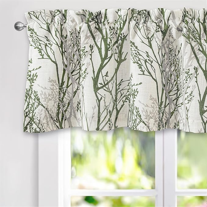 Driftaway Tree Branch Linen Lined Valance Double Layer Thermal Insulated Room Darkening Blackout Valances 3 Inch Rod Pocket Short Window Valance for Living Room Bathroom 52 Inch by 18 Inch Loden Green