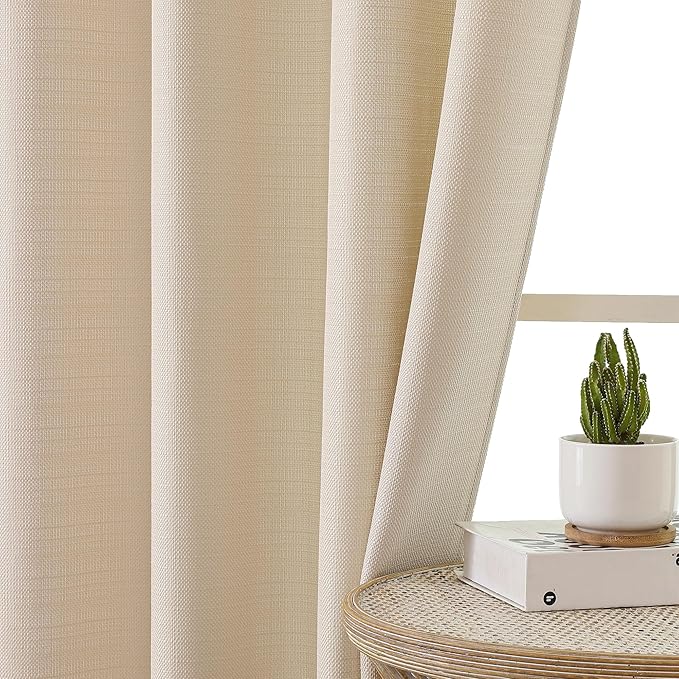 Chyhomenyc Light Filtering Curtains 84 Inch Length 2 Panels Set, Faux Linen Textured Soft Airy Privacy Farmhouse Curtain Drapes for Living Room Bedroom, Each 40Wx84L Inches, Linen Color
