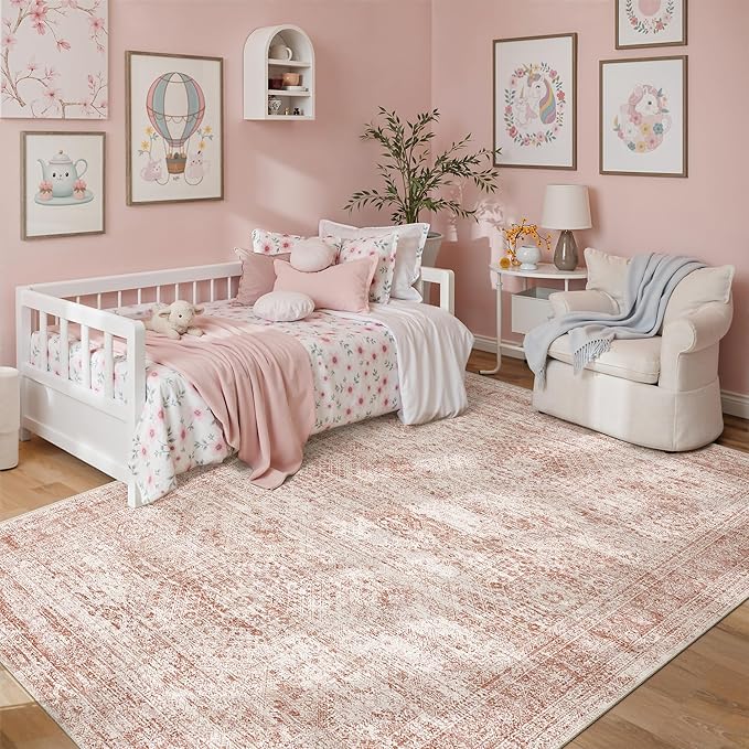 Soalmost 5x7 Area Rugs Pink Low Pile Indoor Washable Trendy Faded Style Rugs for Bedroom Living Room Dining Room Foldable Non-Slip Thin Print Mat