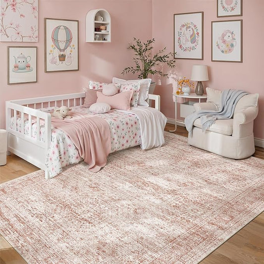 Soalmost 5x7 Area Rugs Pink Low Pile Indoor Washable Trendy Faded Style Rugs for Bedroom Living Room Dining Room Foldable Non-Slip Thin Print Mat