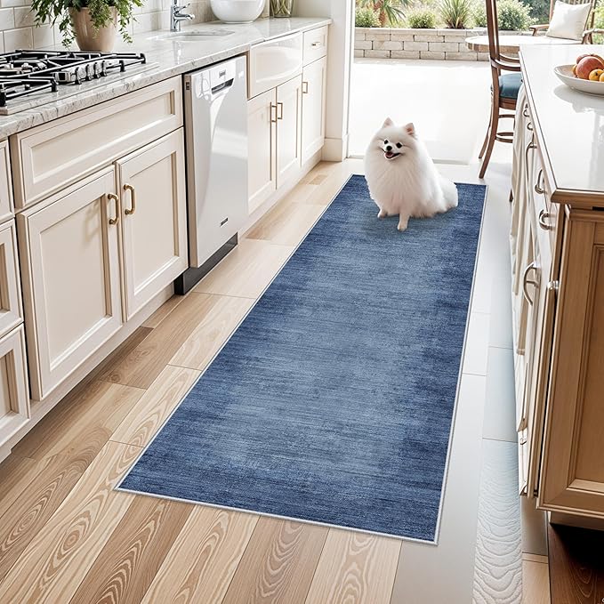 2x6ft Non-Slip Washable Kitchen Rug - Modern Carpet Runner for Hallway,Bedroom Bedside,Laundry Room,Entryway with Rubber Backing – Abstract Neutral Low-Pile Thin (Navy Blue,2x6)
