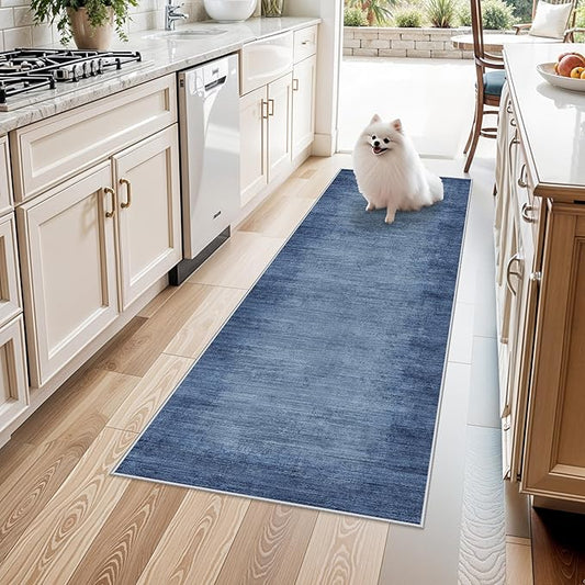 2x6ft Non-Slip Washable Kitchen Rug - Modern Carpet Runner for Hallway,Bedroom Bedside,Laundry Room,Entryway with Rubber Backing – Abstract Neutral Low-Pile Thin (Navy Blue,2x6)