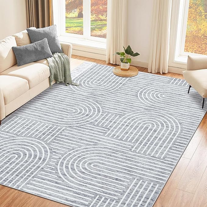 ROYHOME Washable Rug 4x6 Area Rugs for Living Room, Abstract Rug for Bedroom, Soft Rainbow Non Slip Throw Rugs with Rubber Back, Low Pile Stain Resistant Boho Geometric Carpet for Dining Room, Ash