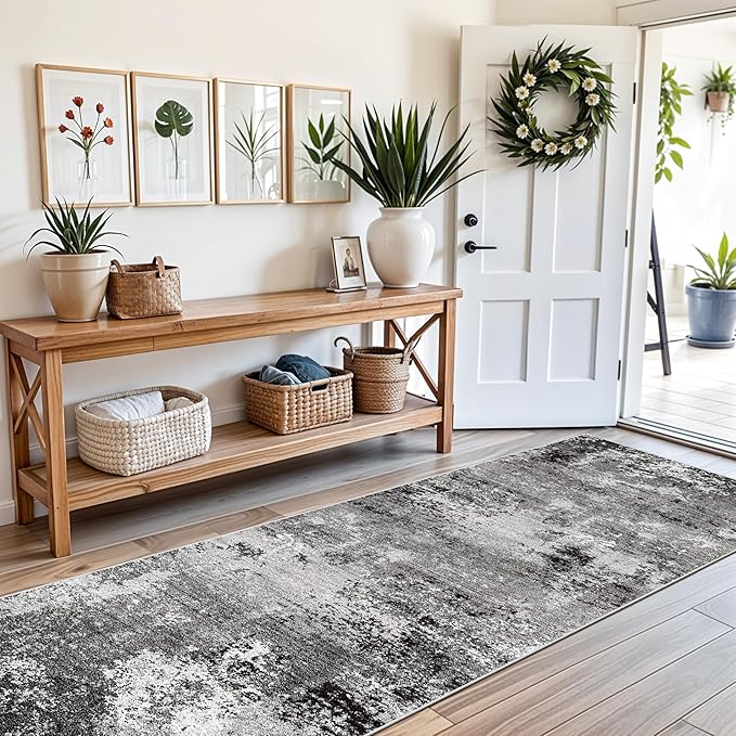 3x12 ft Long Hallway Runner Rug – Non-Slip Washable Carpet Runner for Kitchen Entryway Bathroom Modern Abstract Neutral Low-Pile Thin Stain-Resistant (Black Grey 3x12)