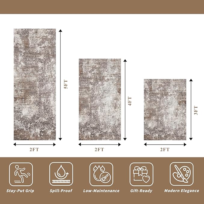 3-Piece Kitchen Rug Set with Runner – Non-Slip Washable Small Kitchen Mats for Floor, Sink & Entryway – Soft Boho Throw Area Rugs for Kitchen Decor (Brown Beige, 2x3+2x4+2x5)