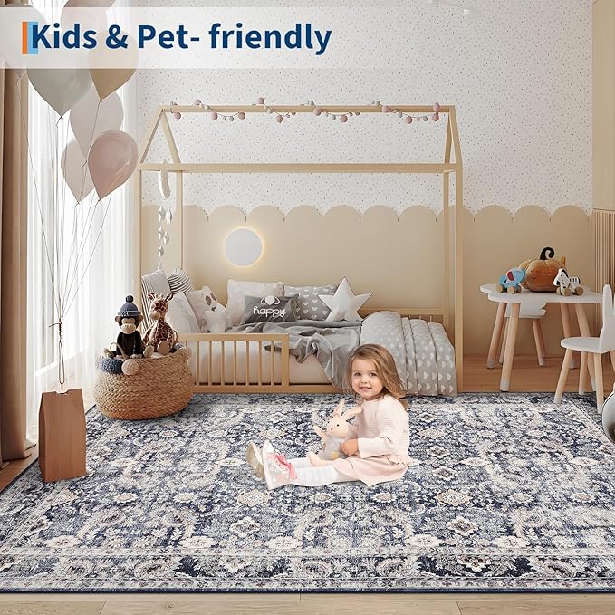GarveeHome Washable Rugs 5x7 Vintage Floral Area Rugs for Living Room Bedroom, Ultra Soft Retro Accent Carpet, Non Slip Low Pile Floor Mats for Dining Room, Home Office Decor, Blue Grey