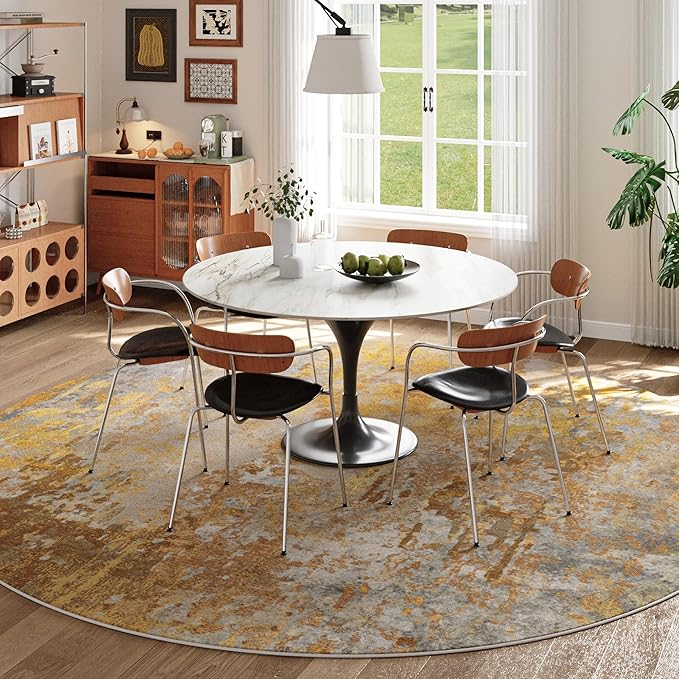 Beige Gold Round Area Rugs 4ft Washable Circle Rug for Entryway Kitchen, Non Slip Soft Low Pile Stain Resistant, Boho Circular Carpet for Living Room Bedroom Dorm Dining Room Table, Abstract Tan