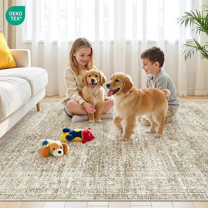 Area Rugs 4x6 for Living Room, Non-Slip Backing Small Kids Rugs for Bedroom, Vintage Abstract Rug Home Decor, Low Pile Soft Washable Rug for Kitchen, Dining Room(4'x6', Brown/Ivory)