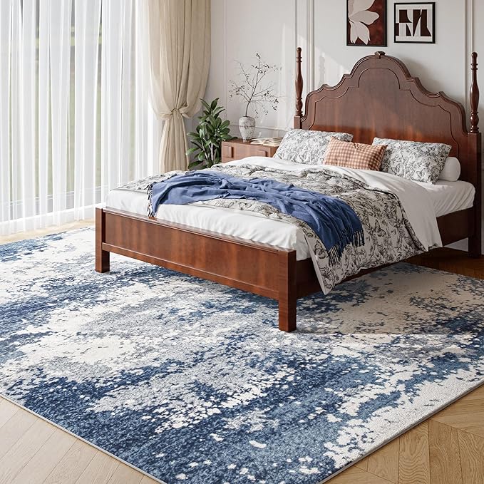 Blue Washable Rug 6x9 Area Rugs for Living Room Bedroom Carpet, Indoor Vintage Abstract Boho Large Rug Non Slip Faux Wool Rugs for Dorm, Dining Room Table, Nursery, Kids Playroom, Navy