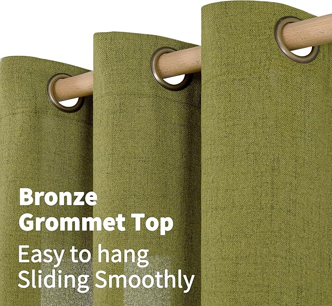 YoungsTex Green Linen Curtains 40 Inches Length - Short Drapes Privacy Light Filtering with Bronze Grommet for Kitchen Bathroom Window Decorative Privacy, 42 x 40 Inch, 2 Panels