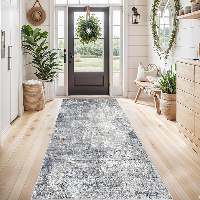 4x8 Washable Indoor Entryway Rug – Non-Slip Rubber Backed Floor Mat for Kitchen, Hallway, Bedroom – Modern Abstract Low-Pile Thin Wide Carpet Runner for Bathroom, Living Room, Office (Blue Grey, 4x8)
