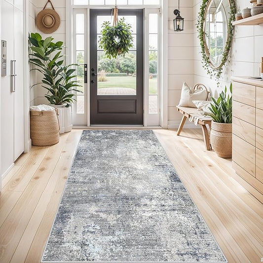 4x8 Washable Indoor Entryway Rug – Non-Slip Rubber Backed Floor Mat for Kitchen, Hallway, Bedroom – Modern Abstract Low-Pile Thin Wide Carpet Runner for Bathroom, Living Room, Office (Blue Grey, 4x8)