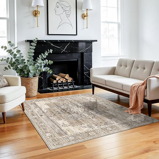 RUUGME Decorative 4x4 Rugs Square - Soft Area Rugs for Living Room Stain Resistant Vintage Ultra Thin Rugs for Bedroom Kitchen entryway with Non Slip Backing Home Decor 4x4 Beige