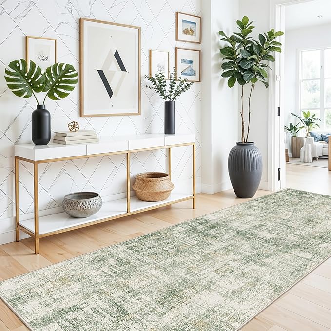 3x10 Ft Long Wide Hallway Runner Rug – Non-Slip Washable Wide Kitchen Runner, Low-Pile Thin Modern Abstract Floor Rug for Indoor Entryway, Bedroom, Living Room (Sage Green)