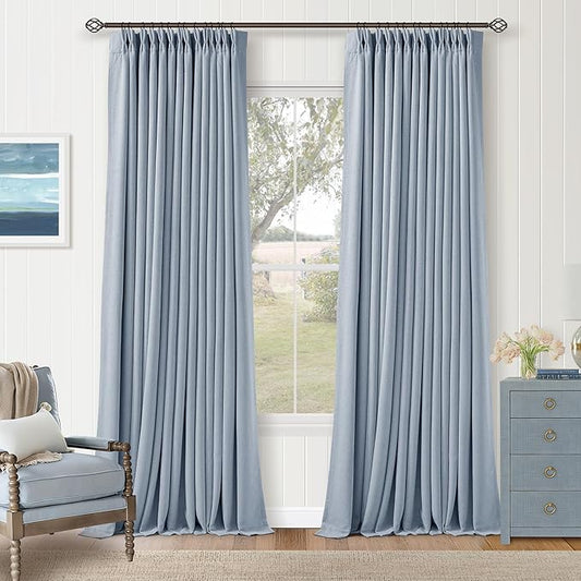 100 Inch Blackout Pinch Pleated Curtains 2 Panel Set for Living Room Darkening Thick Linen Textured 100% Black Out Drapes 100 Inches Long Pinch Pleat Light Blocking Baby Kids Bedroom Light Blue