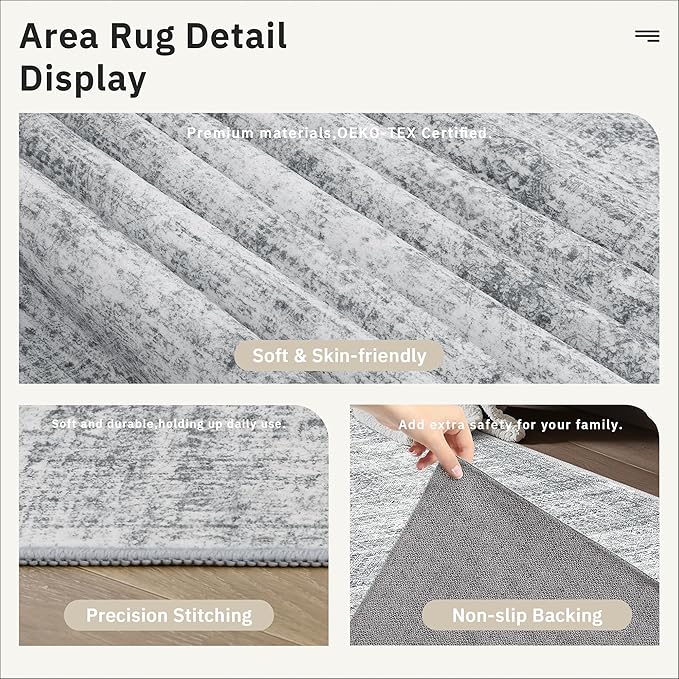 Soalmost Runner Rug 2'6" x 14' Washable Non-Slip Runner Rugs for Kitchen Bathroom Laundry Room Vintage Ultra Thin Runners for Hallway Entryway Grey