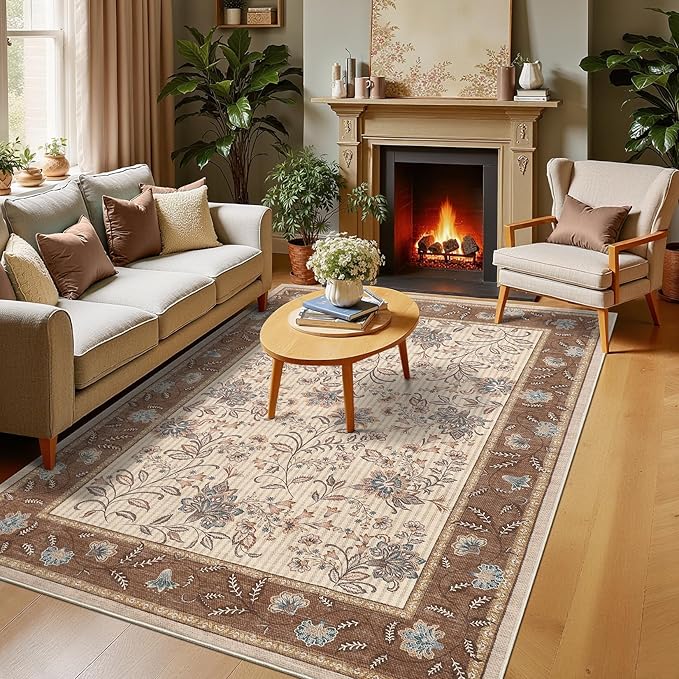 GarveeHome 4x6 Brown Washable Area Rug for Nursery Room, French Country Floral Bedroom Rug Non Slip Low Pile Carpet Stain Resistant Throw Rug for Bedside Kids Room Office Dining Room