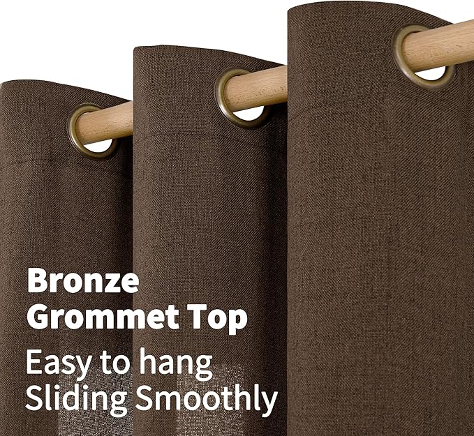 YoungsTex Brown Curtains 84 Inch Length for Living Room, Dark Chocolate Linen Semi Sheer Drapes with Bronze Grommet Light Filtering for Bedroom Window, 2 Panels 52 x 84 Inch