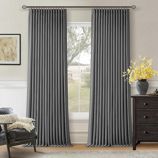 Dark Grey Pinch Pleated Blackout Curtains 108 Inches Long for Bedroom 100% Black Out Thick Linen Dual Layer Pleated Drapes Farmhouse Country Charcoal Gray 108 Inch Curtain for Dining Living Room