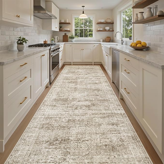 Soalmost 4x10 Wide Hallway Runner Rug: Washable Soft Rug Runners for Living Room Bedroom Ktichen, Stain Resistant Low Pile Area Rugs Non Slip Floor Carpet (Brown, 4x10)