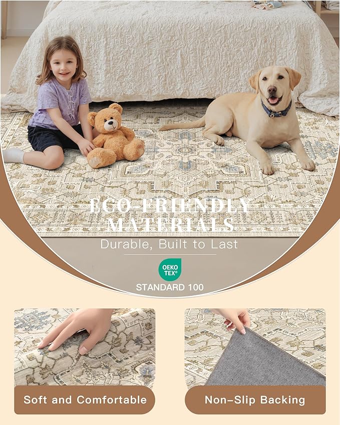 Madane Hallway Runner Rug 2'6''x14', Non Slip Vintage Runners for Hallways Washable Kitchen Rugs Soft Low Pile 2.5x14 ft Rug Runner for Laundry Room, Entryway and Bedroom, Beige/Blue