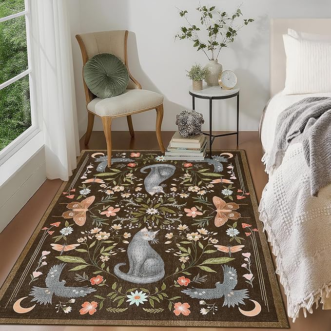 GarveeHome 3x5 Cat Washable Area Rug for Entryway, Mushroom Floral Brown Bedroom Rug Non Slip Low Pile Butterfly Carpet Stain Resistant Throw Rug for Kitchen Dorm Kids Room Office Dining Room