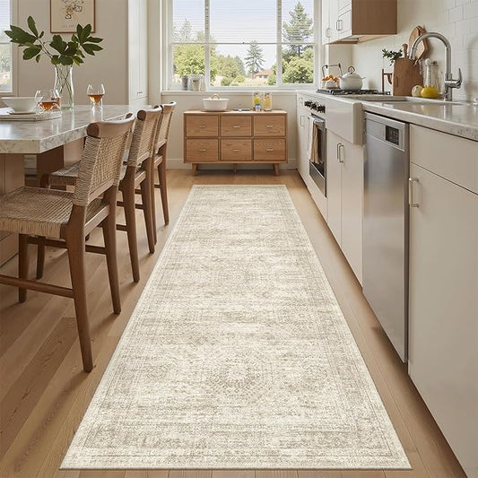 Soalmost Washable Runner Rug, 2'6" x 8' Non-Slip Kitchen Vintage Foldable Hallway Runners for Entryway, Laundry, Bedroom, Beige