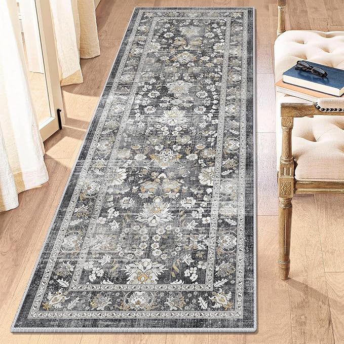 LOKHOM Washable Runner Rug, 2x6 Non-Slip Vintage Kitchen Rug with Rubber Backing, Boho Floral Soft Faux Wool Hallway Runner Rug Carpet Runner for Laundry Entryway Bedroom (Charcoal Grey)