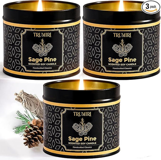 Sage & Pine Candle Strong Scented Soy Candel Natural Non Toxic Velas Aromáticas for Home Gift for Fall Christmas Holidays Pack of 3 5Oz Decorative Tin Jars with Lids