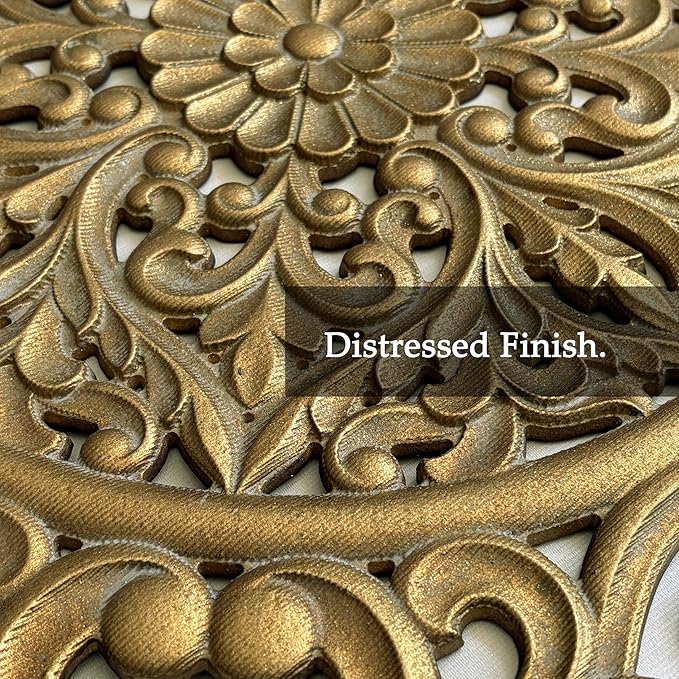 XIAOAIKA Boho Carved Wood Wall Sculpture, Intricate Floral Mandala Design with Distressed Gold Finish, Vintage Farmhouse Wall Art Panel with Solid Wood Frame for Bedroom Entryway (22.5" x 22.5")