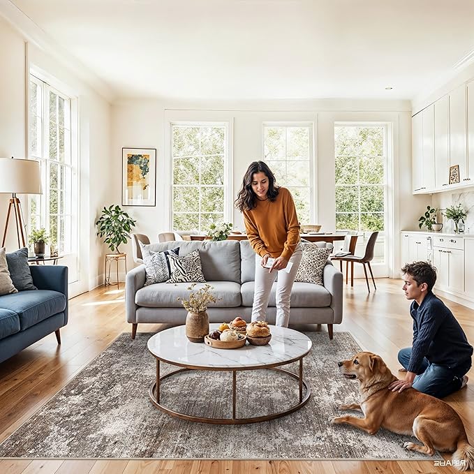 5x8 Washable Living Room Area Rug – Modern Neutral Abstract Rug for Bedroom, Kitchen, Dining Room – Non-Slip Low Pile Soft Indoor Carpet (Brown Beige,5x8)