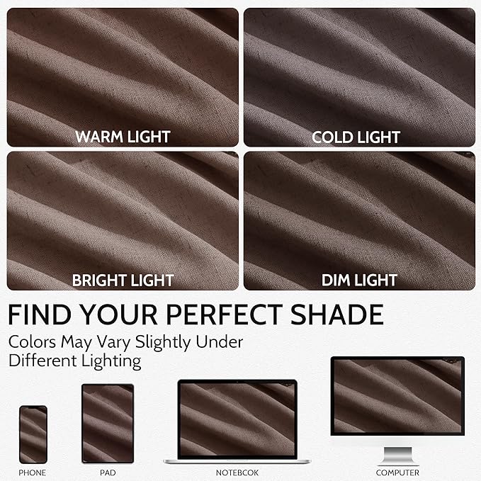 Nanspring Cappuccino Linen Blend Light Filtering Back Tab Curtains 96 Inches Long, Semi Sheer Privacy Drapes for Living Room & Bedroom, 52x96 inch, 2 Panels