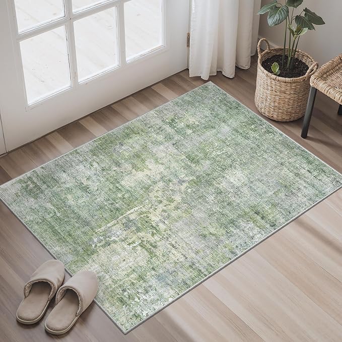 Soalmost 2x3 Abstract Washable Rugs for Kitchen, Floor, Entryway, Powder Room Small Area Rug Non-Slip Vintage Low Pile Throw Door Mat Green Ivory