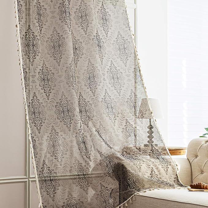Khaki Geometric Sheer Curtains 63 inch Long, Fringed Edges and Textured Semi Sheer Curtains Large Window Treatments for Living Room/Bedroom, 2 Panels