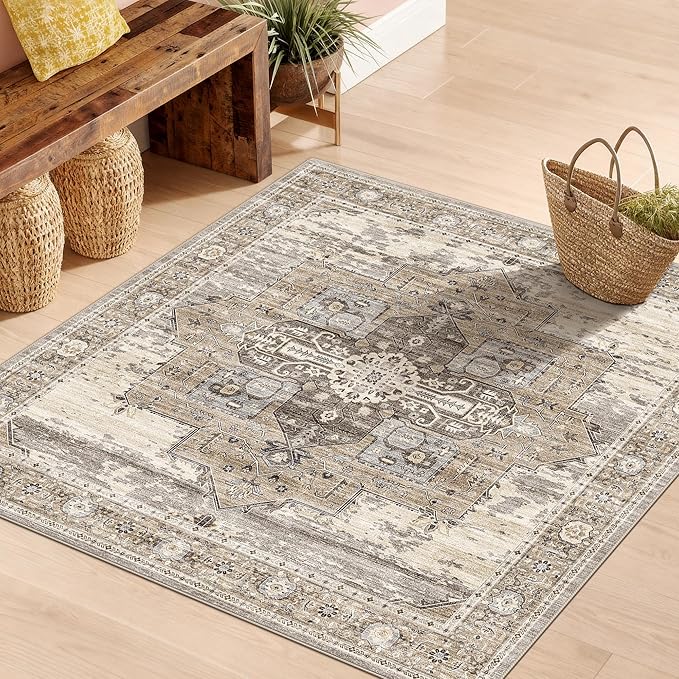 RUUGME Soft 3x3 Rug Living Room - Throw Rugs for Bedroom Stain Resistant Carpet Vintage Tribal Rugs for Married Woman in Bedroom Kitchen with Non Slip Backing Home Decor 3x3 Beige