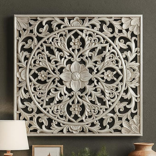 XIAOAIKA Boho Carved Wood Wall Sculpture, Intricate Floral Mandala Design with Distressed Silver Finish, Vintage Farmhouse Wall Art Panel with Solid Wood Frame for Bedroom Entryway (22" x 22")