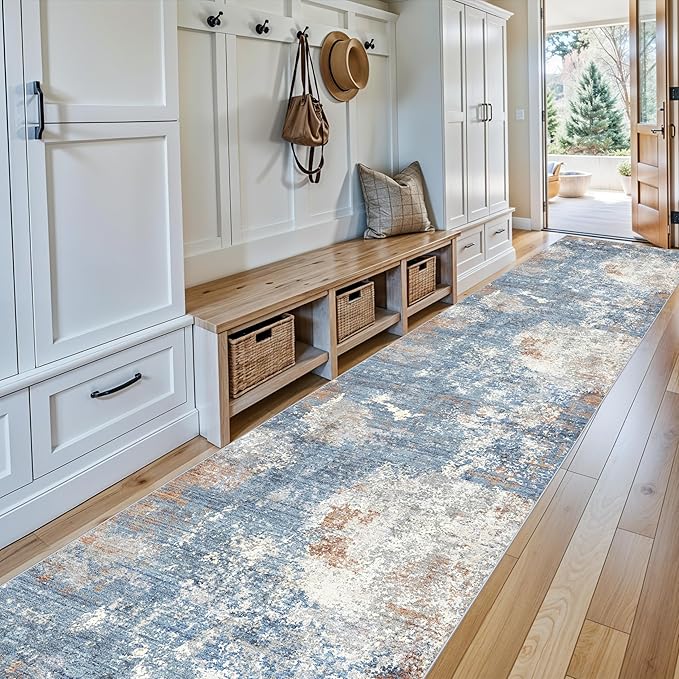 3x15 Ft Long Hallway Runner Rug – Non-Slip Washable Kitchen Floor Rug with Rubber Backing, Modern Low Pile Thin Wide Carpet Runners for Bedroom, Entryway Indoor (Blue Rust,3x15)