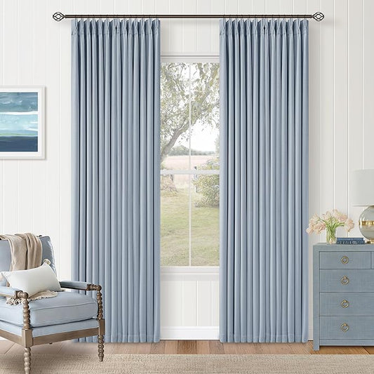Light Blue Pinch Pleated Thick Linen Curtains 84 Inches Long for Living Room Bedroom Two Layer Blackout Sky Baby Blue Window Curtains Energy Efficient Modern Drapes with Hooks Rings 2 Panels Set