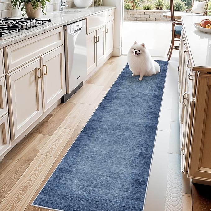 2x8 Washable Hallway Runner Rug – Non-Slip Modern Abstract Neutral Low-Pile Stain-Resistant Carpet Runner for Kitchen Entryway Bedroom Bathroom (Navy Blue,2x8)