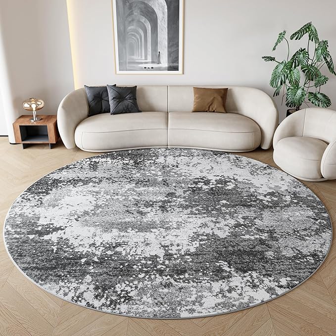 Round Area Rugs 6ft Washable Grey Circle Rug for Entryway Kitchen, Non Slip Soft Low Pile Stain Resistant, Boho Circular Carpet for Living Room Bedroom Dorm Dining Room Table, Abstract Gray