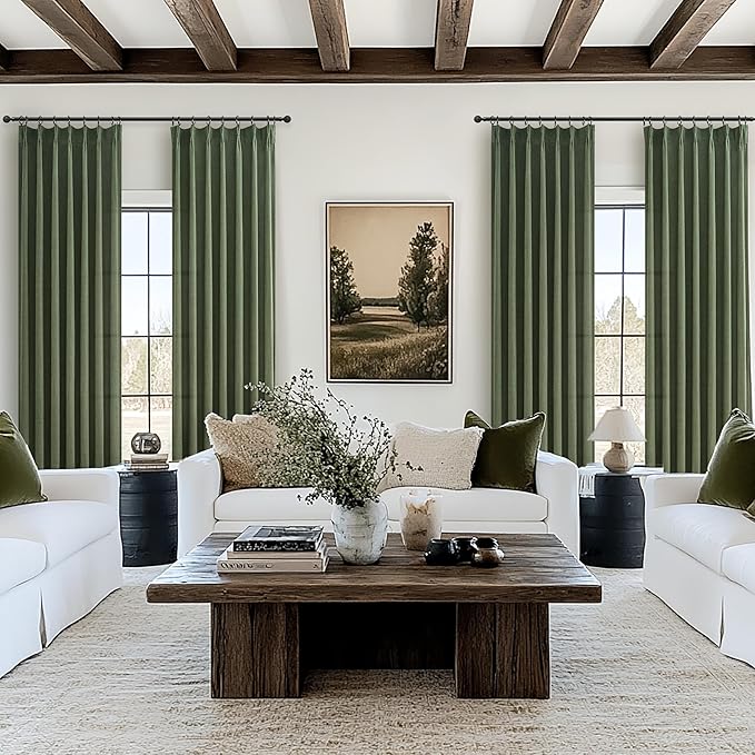 PleatedDrapes Loden Kitchen Window Curtains & Drapes 63 Inches Long 2 Panel Set, Pinch Pleat Natural Linen Sheer Dark Green Boho Light Filtering Curtain Back Tab for 40 x 63 Inch Length Small Windows