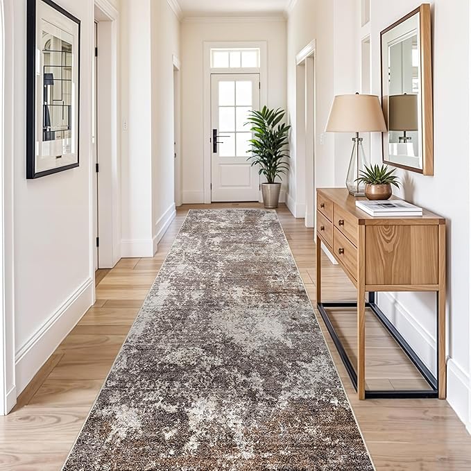 4x10 ft Extra Wide Hallway Rug – Non-Slip Washable Large Carpet Runner for Kitchen, Indoor Entryway, Modern Abstract Low-Pile Thin Floor Mat for Bedroom, Living Room, Dining Room (Brown Beige,4x10)
