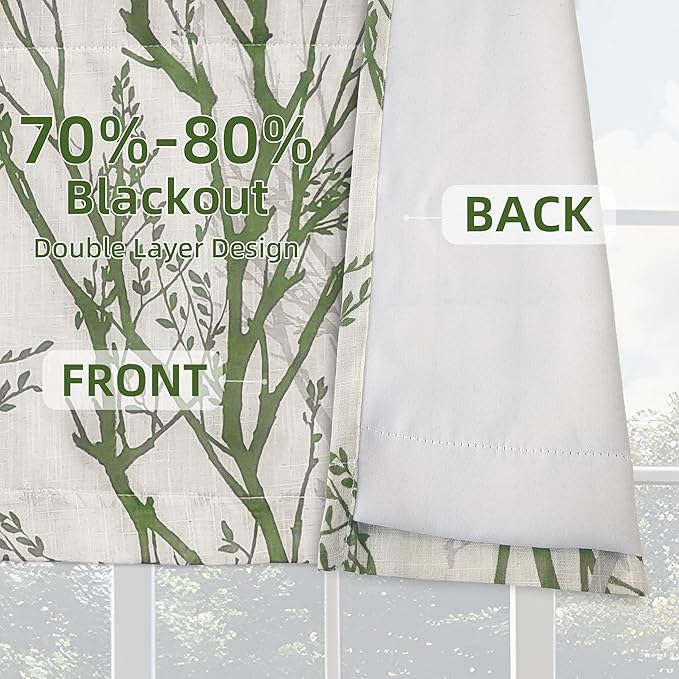 Driftaway Tree Branch Linen Lined Valance Double Layer Thermal Insulated Room Darkening Blackout Valances 3 Inch Rod Pocket Short Window Valance for Living Room Bathroom 52 Inch by 14 Inch Loden Green