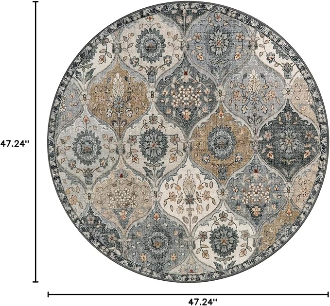 Lahome Moroccan Trellis Washable Round Rugs, Non-Slip Soft Round Rug 4ft Ultra-Thin, Small Vintage Circle Carpet for Entryway Kitchen Bedroom Nursery Bathroom Elise, Grey