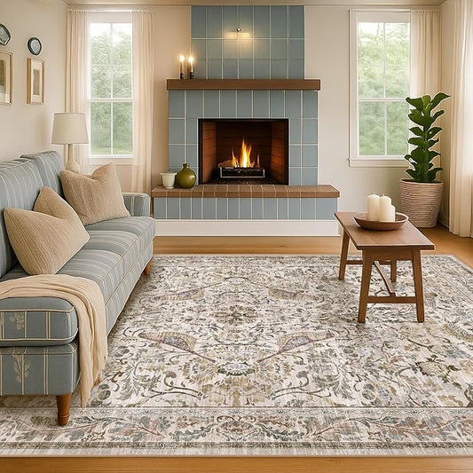 Traditional Oriental 5x8 Floor Rugs for Living Room, Washable Floral Area Rug for Dining Room Under Table, Low Pile Soft Bedroom Carpet, Vintage Brown Taupe Design, Boho Home Décor