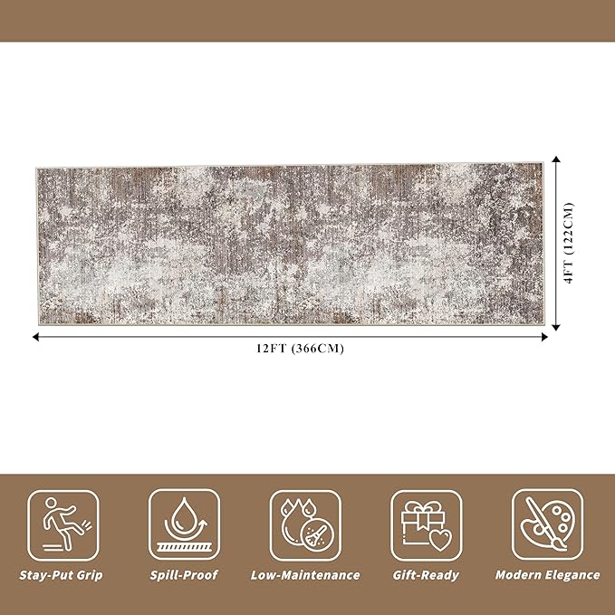 4x12 ft Wide Hallway Rug – Non-Slip Washable Large Long Carpet Runner for Kitchen, Indoor Entryway, Modern Abstract Low-Pile Thin Floor Mat for Bedroom, Living Room, Dining Room (Brown Beige,4x12)